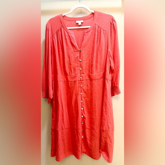 J Jill Linen Blend Button Front Midi Dress with Smocked Cuffs in Guava Size L - Picture 3 of 9